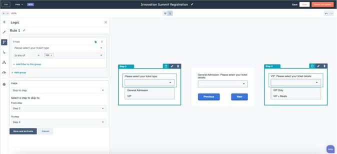 Multi-step form in HubSpot using conditional logic to simplify user input