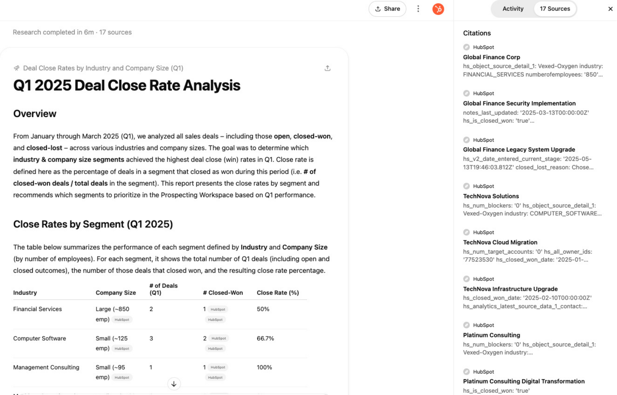 GPT agent summarizing a HubSpot deal using live CRM data.