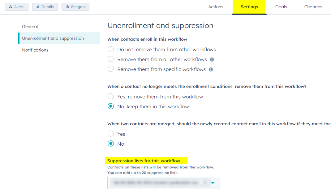 HubSpot suppression list settings