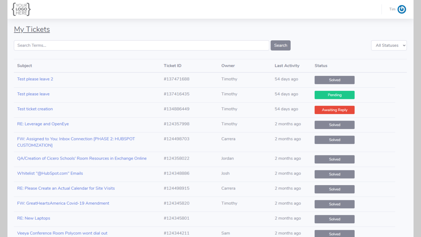 Customer Service Portal dashboard