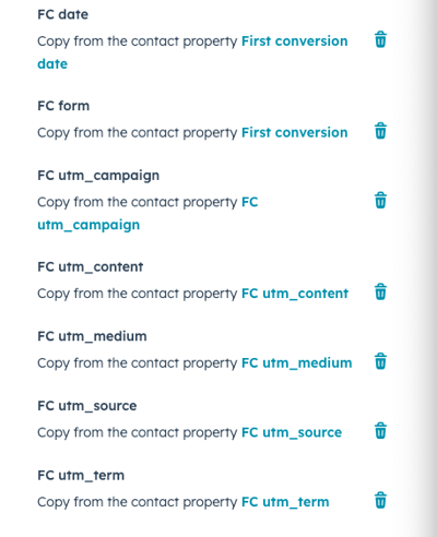 First conversion attribution properties that will be copied from the contact record to the deal record