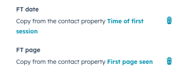 First touch attribution properties that will be copied from the contact record to the deal record