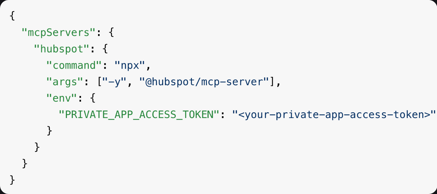 Claude Desktop configuration file showing MCP Server setup to connect with HubSpot CRM using access token
