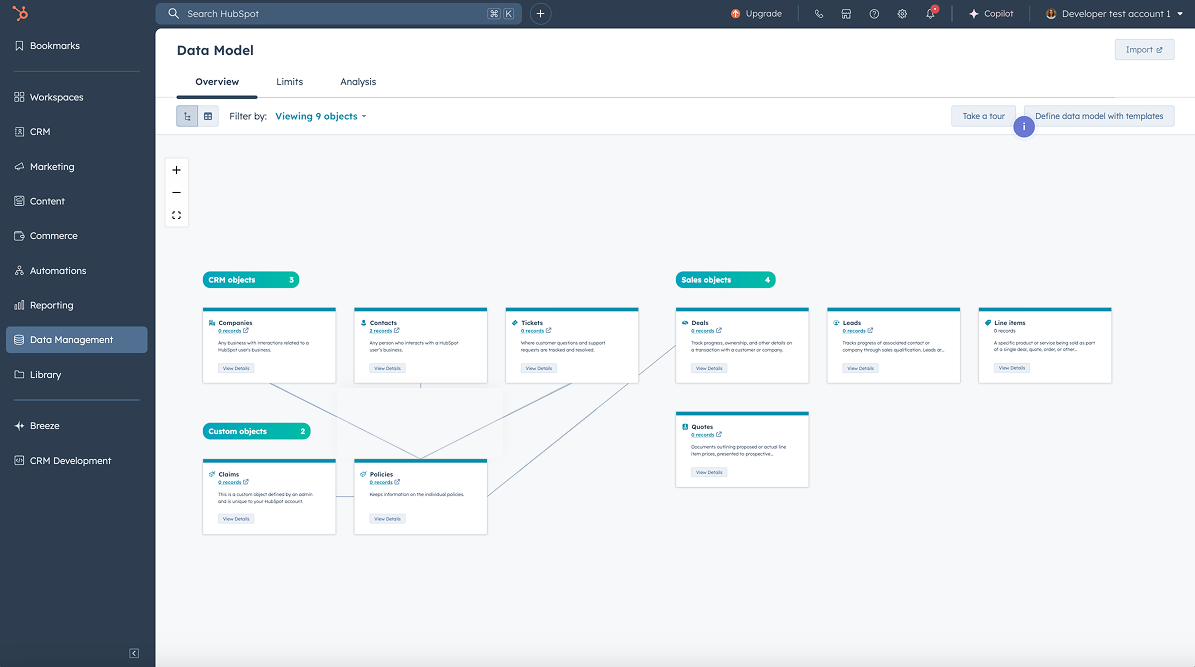 Custom CRM object mapping in HubSpot for policies, claims, and commissions