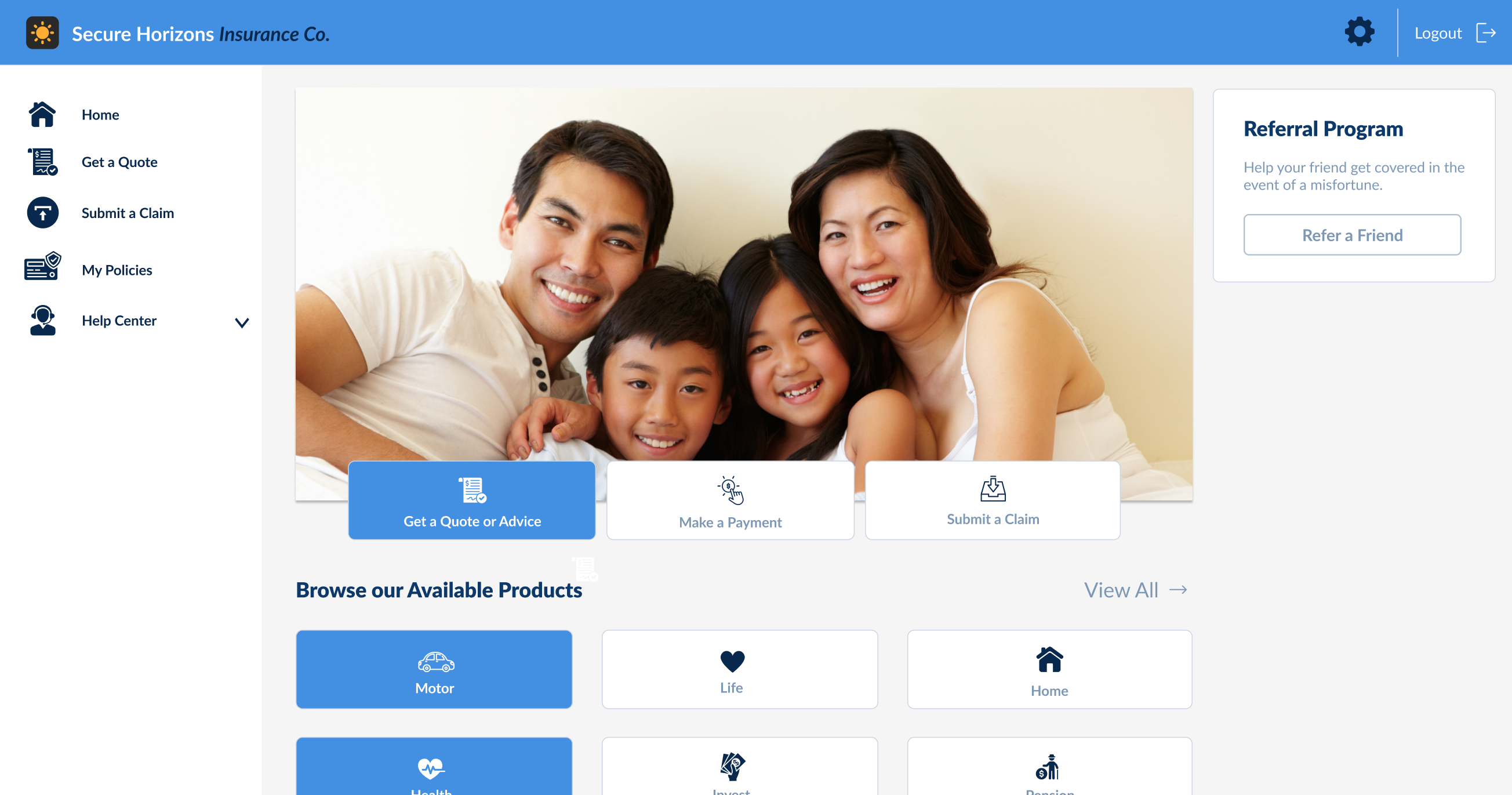 Insurance client portal with policy overview, support ticketing, and in-app messaging