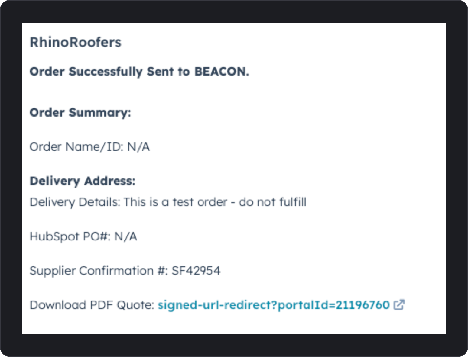 Custom HubSpot CRM card supporting ABC, Beacon, and SRS ordering