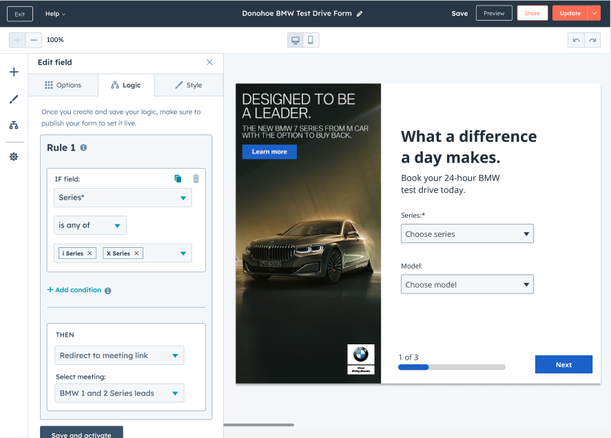 HubSpot conditional redirects flow chart showing user-specific landing pages based on form responses