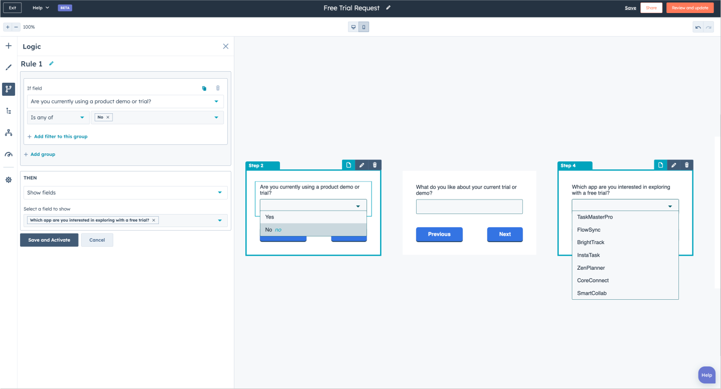 Conditional logic flow in HubSpot form builder showing dynamic field visibility