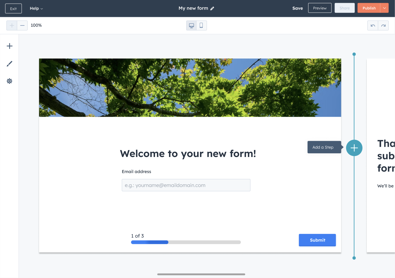 HubSpot multi-step form interface demonstrating progressive data capture