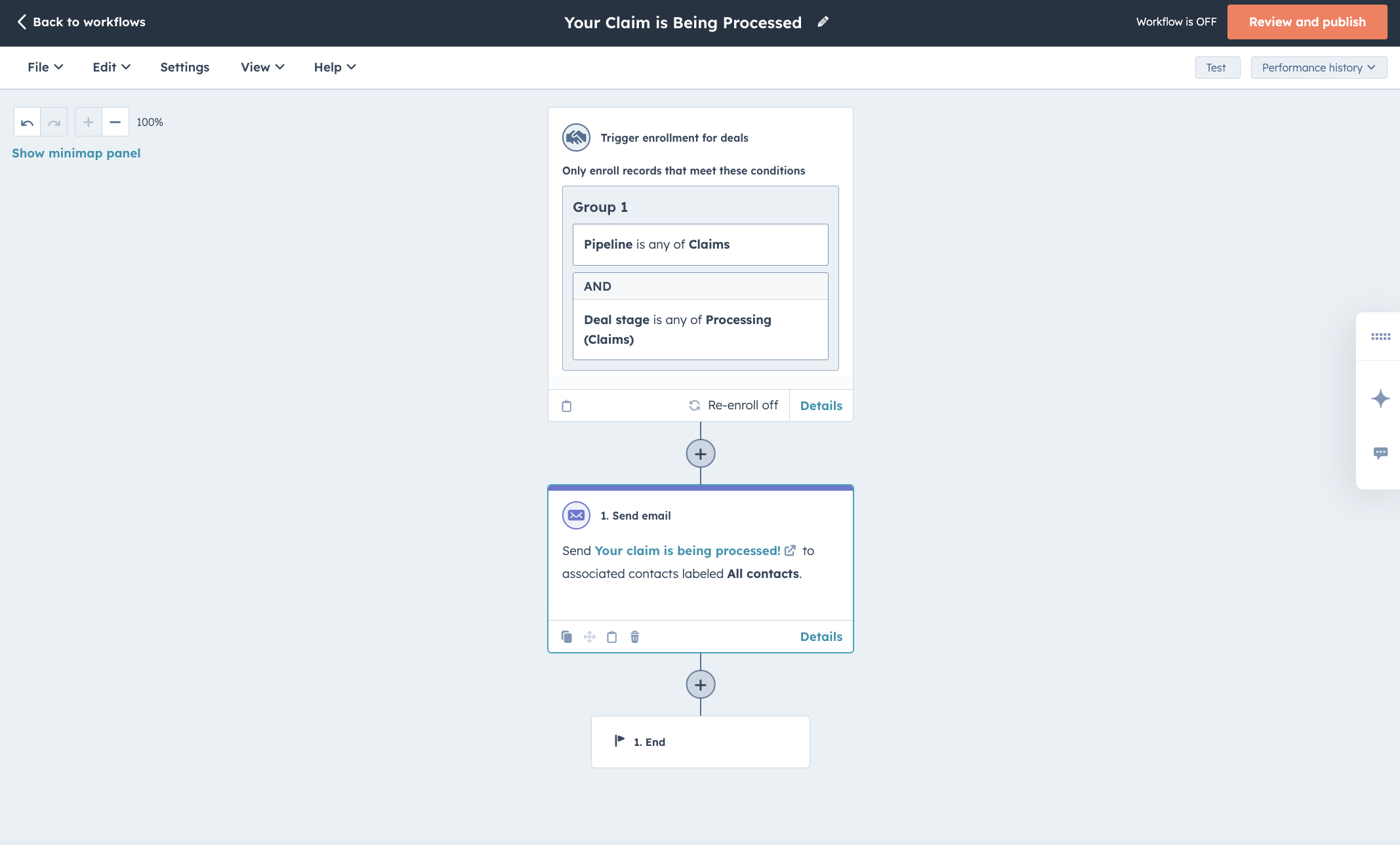 Claims tracking pipeline in HubSpot with email automation and deal stages
