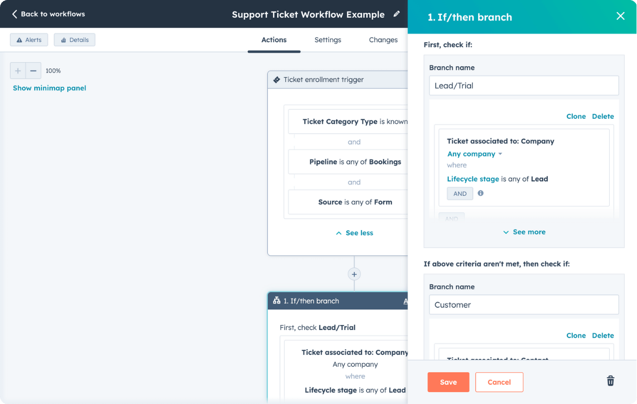 HubSpot Customer Agent interface showing AI-powered support response in CRM
