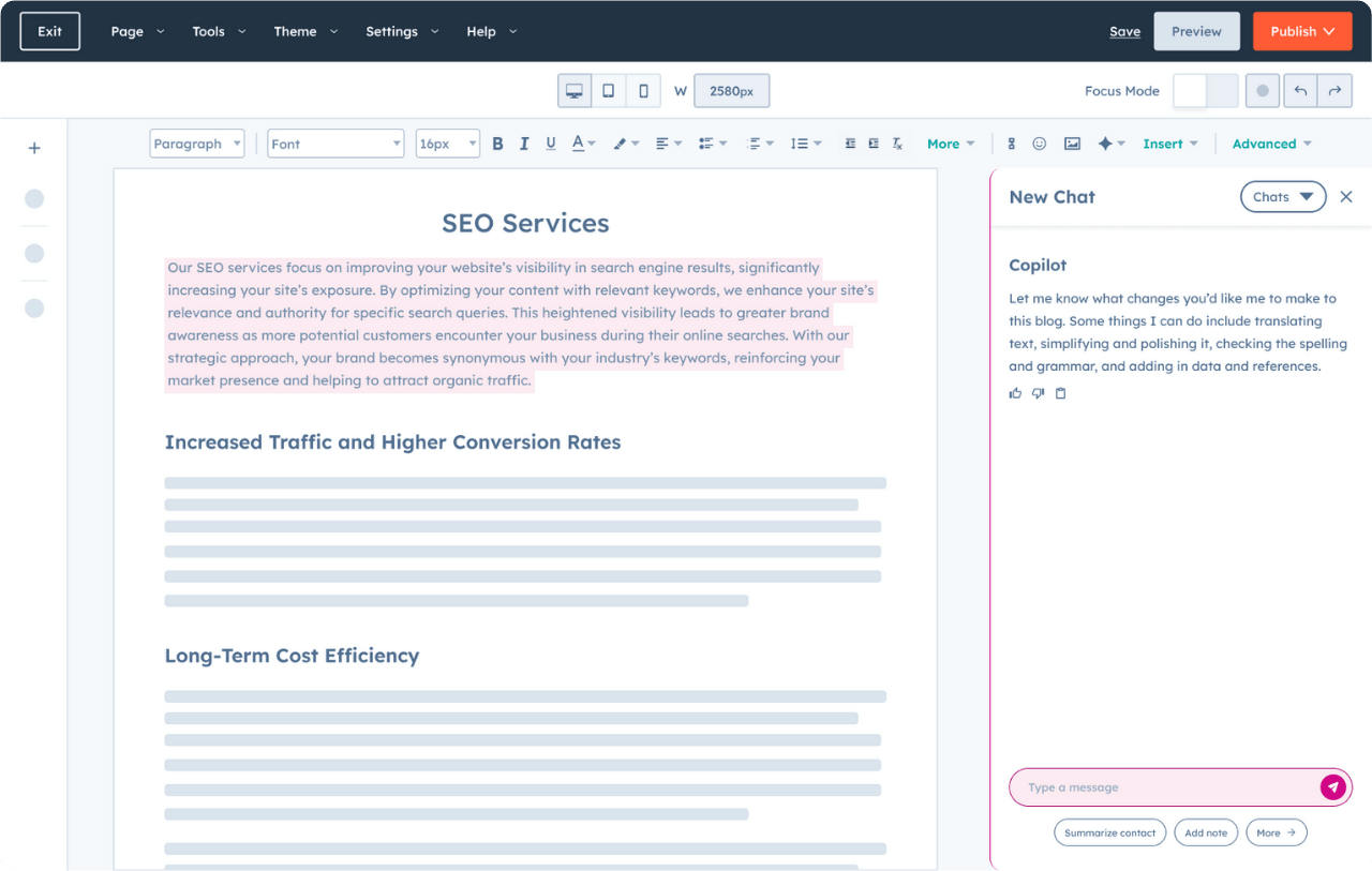 Screenshot of HubSpot showing Breeze Copilot generating an email draft and summarizing CRM notes