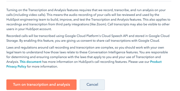 HubSpot's legal notice regarding call recording